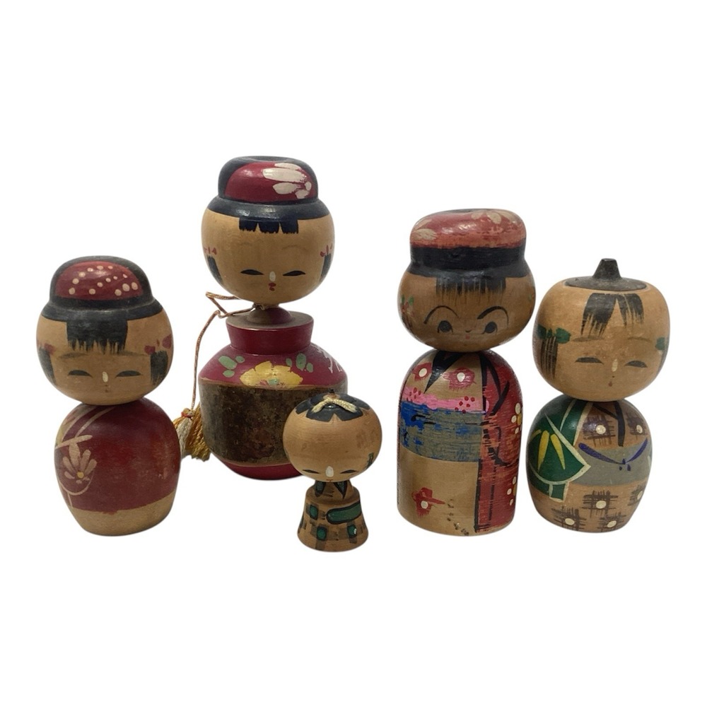 KOKESHI Japanese Vintage Wooden  Bobblehead  Dolls Set of 5 Japan Various Sizes